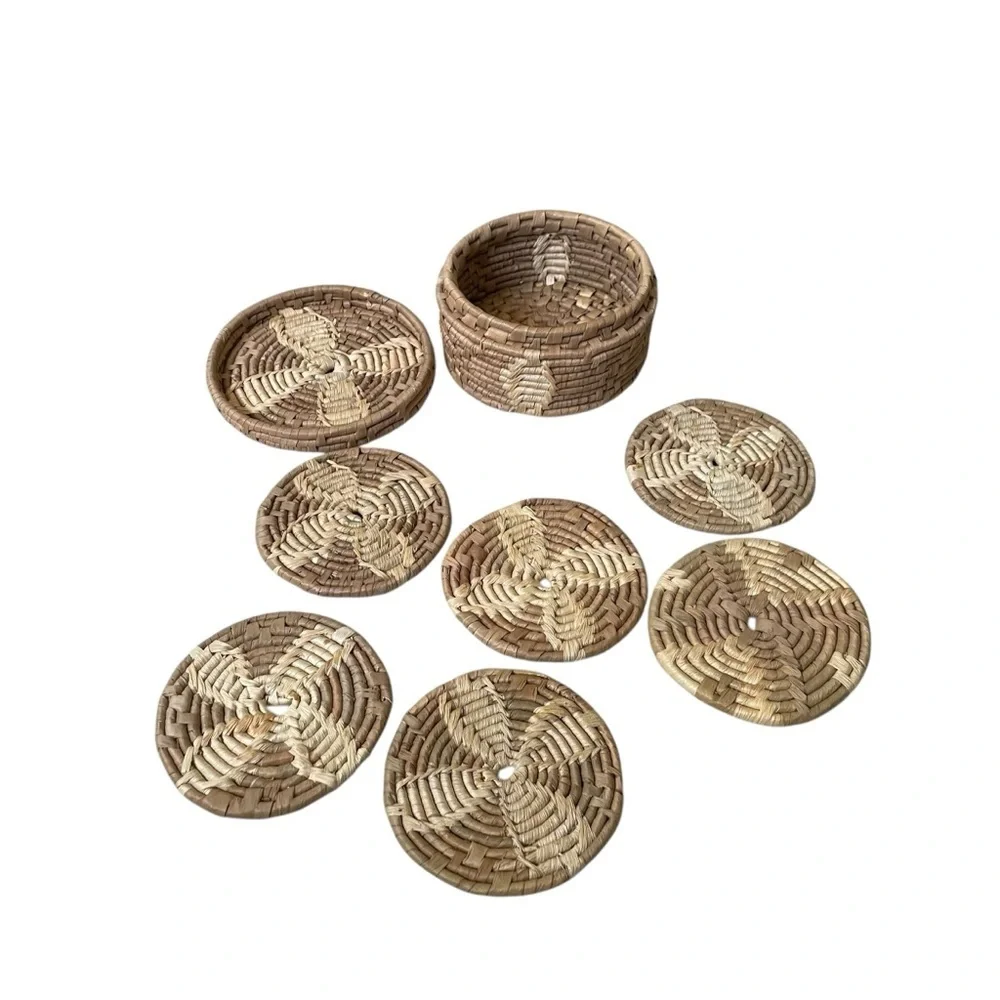 Handcrafted Brown and Tan Woven Rattan Coaster Ser